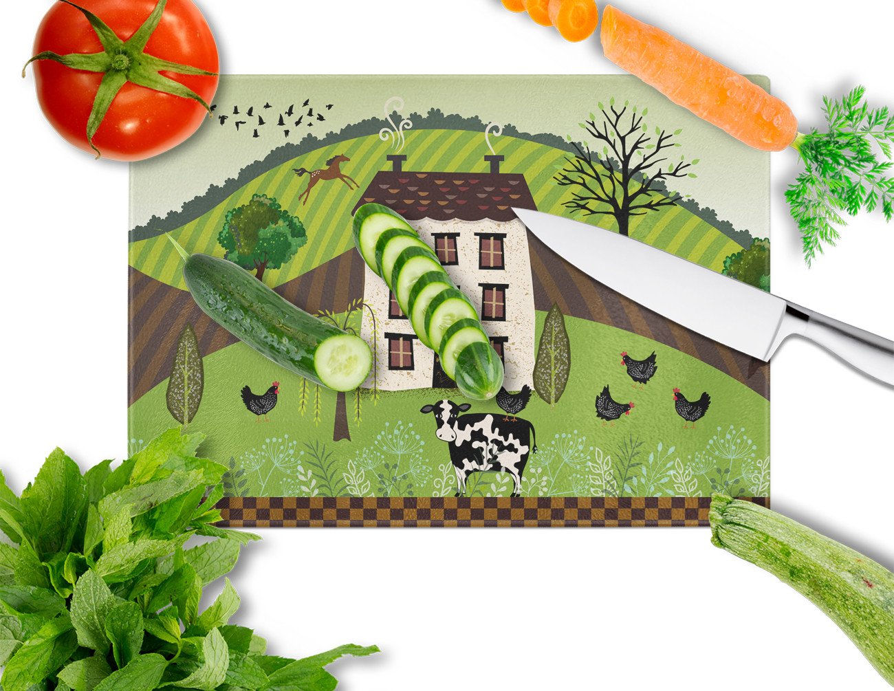 Folk Art Country House Glass Cutting Boards – Durable, Decorative Kitchen Art Large VHA3024LCB
