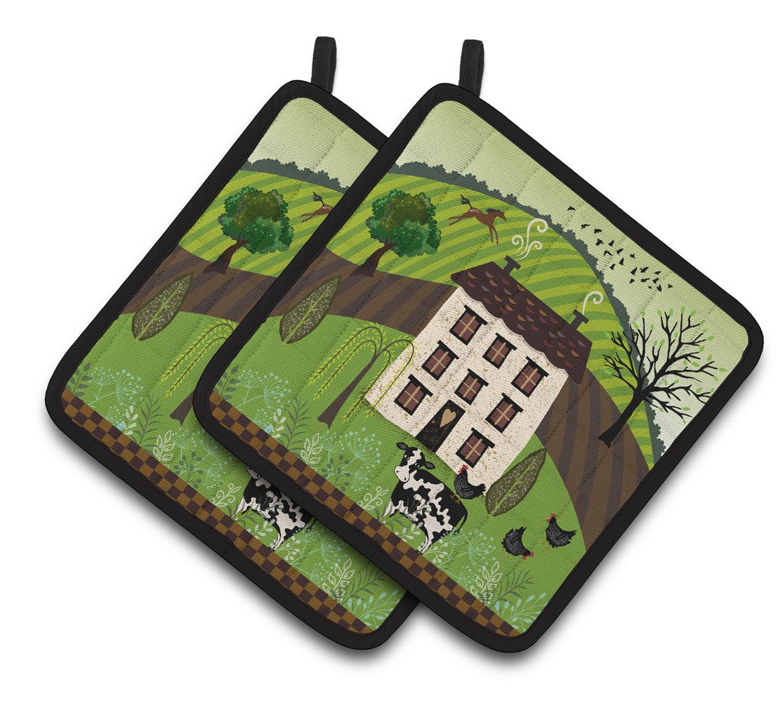 Folk Art Country House Pot Holders - Set of 2 Decorative Kitchen Helpers | Made in the USA VHA3024PTHD